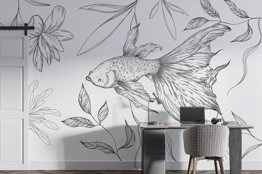Dessin en noir et blanc d'un poisson et de plantes
