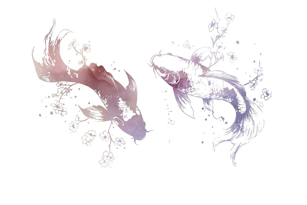 Deux poissons avec des fleurs et des feuilles Deux poissons avec des fleurs et des feuilles