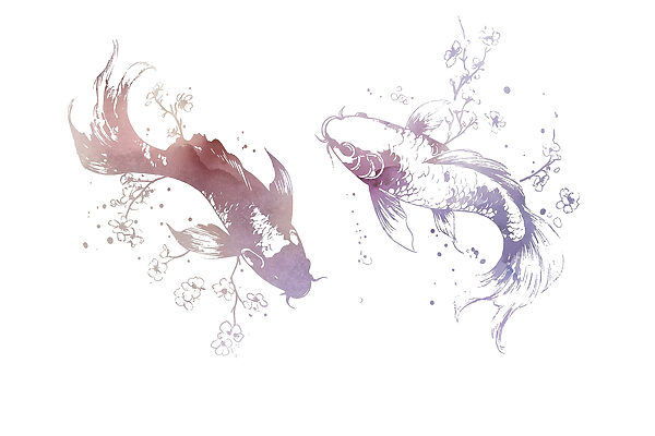 Deux poissons avec des fleurs et des feuilles Deux poissons avec des fleurs et des feuilles