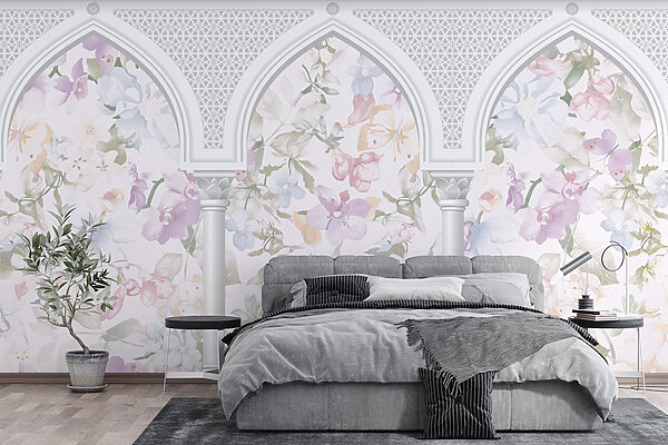 Papier peint avec des fleurs et des arcs Papier peint avec des fleurs et des arcs