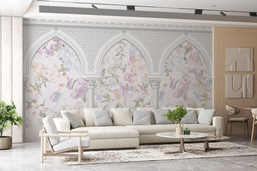 Papier peint avec des fleurs et des arcs Papier peint avec des fleurs et des arcs
