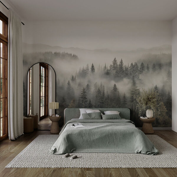 Forêt avec brouillard et montagnes Forêt avec brouillard et montagnes