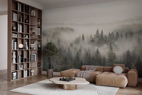 Forêt avec brouillard et montagnes Forêt avec brouillard et montagnes
