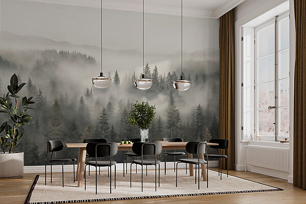 Forêt avec brouillard et montagnes Forêt avec brouillard et montagnes