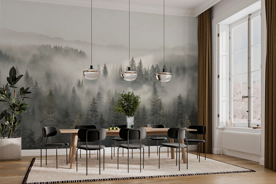 Forêt avec brouillard et montagnes