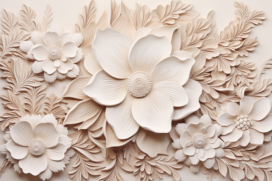 Fleurs et feuilles blanches sur un mur