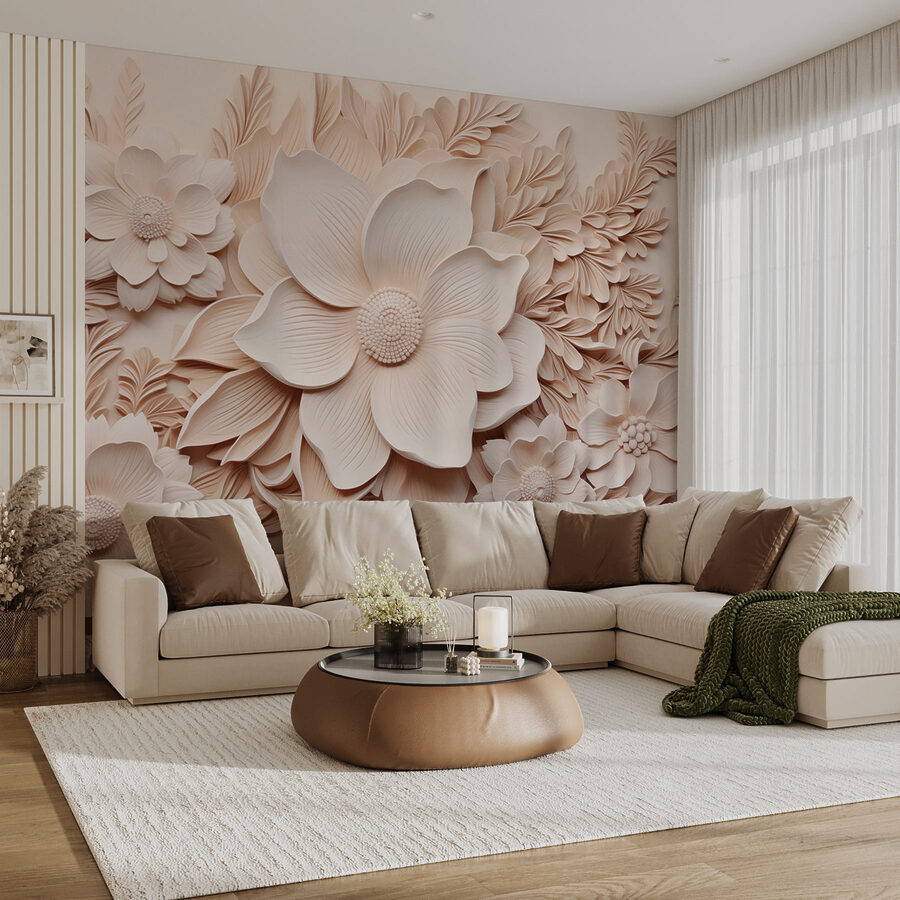 Fleurs et feuilles blanches sur un mur