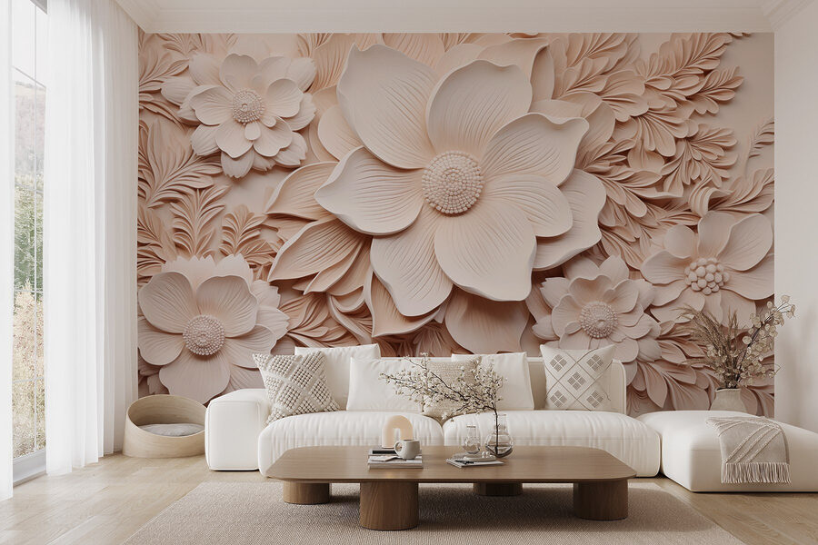 Fleurs et feuilles blanches sur un mur