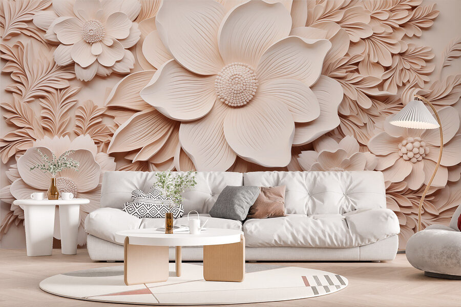 Fleurs et feuilles blanches sur un mur