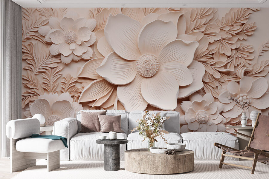 Fleurs et feuilles blanches sur un mur