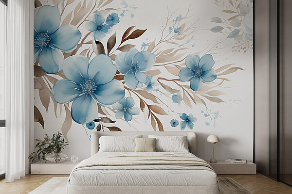 Peinture de fleurs bleues et de feuilles brunes Peinture de fleurs bleues et de feuilles brunes