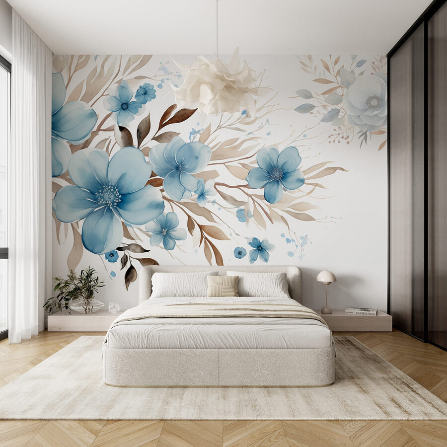 Peinture de fleurs bleues et de feuilles brunes Peinture de fleurs bleues et de feuilles brunes