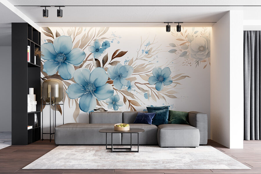 Peinture de fleurs bleues et de feuilles brunes Peinture de fleurs bleues et de feuilles brunes