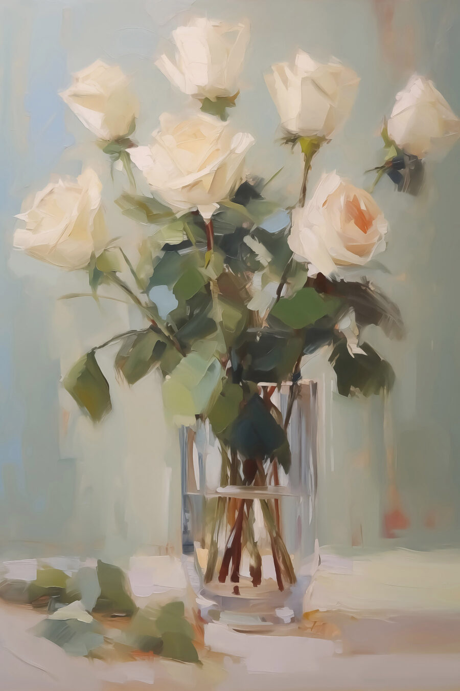 Peinture d'un vase de roses blanches