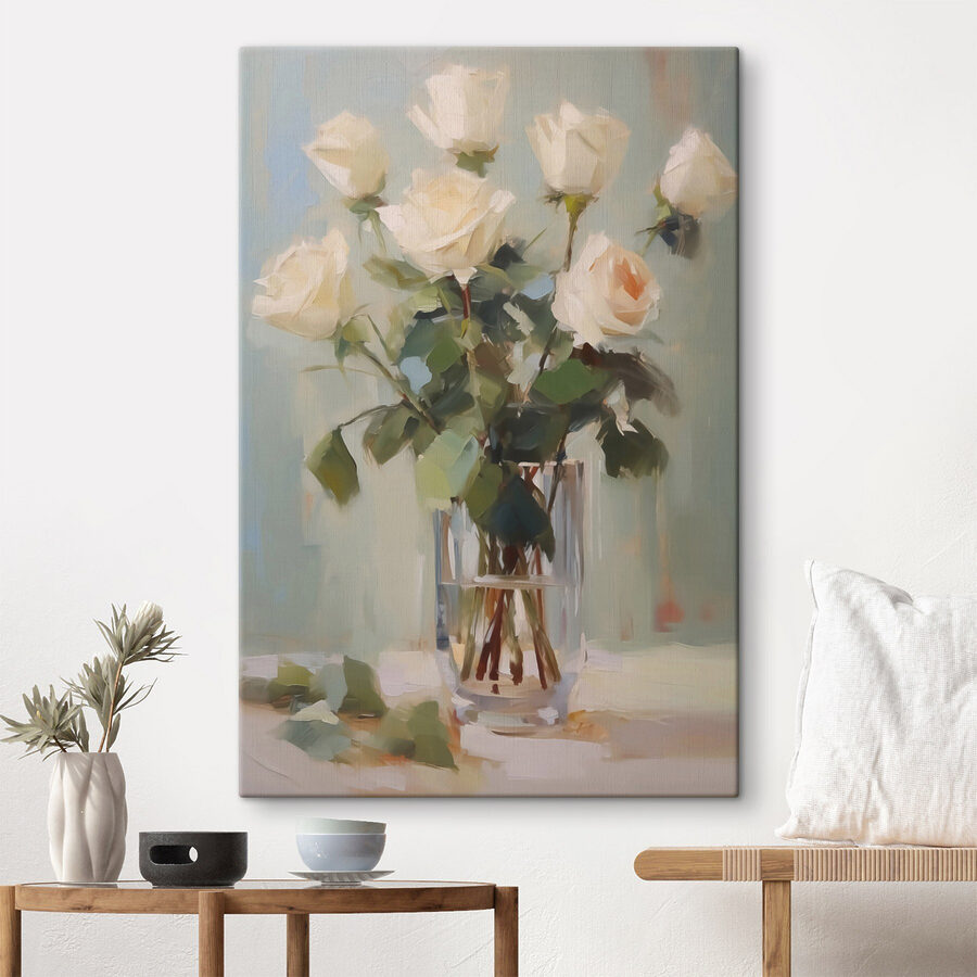 Peinture d'un vase de roses blanches