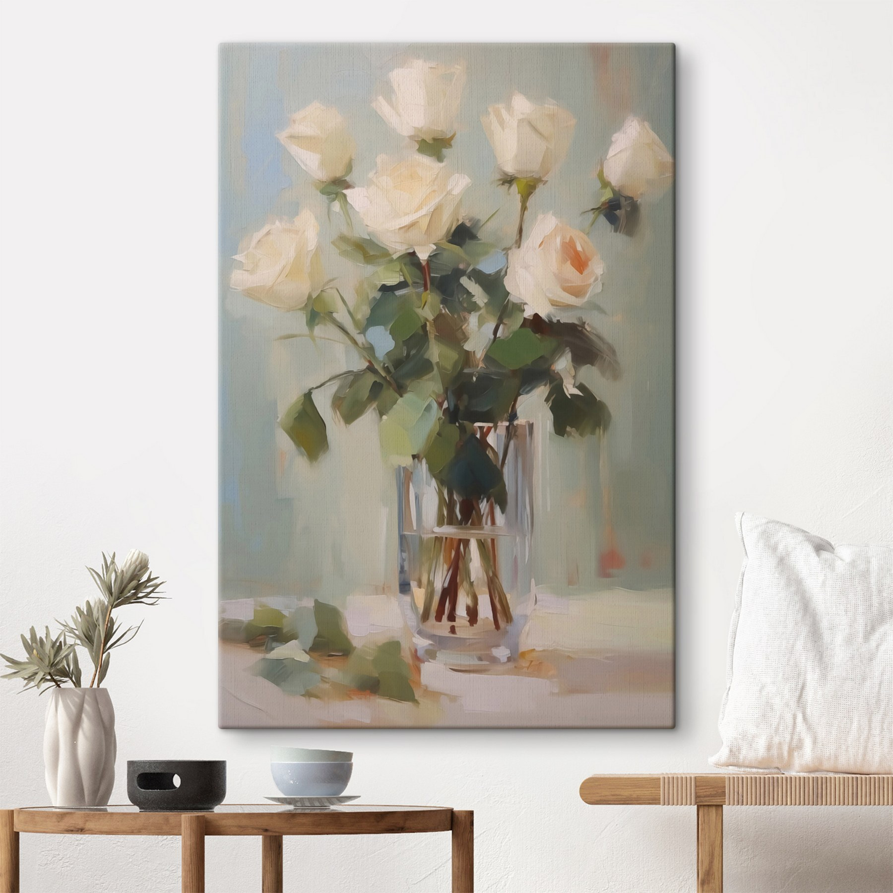 Painting of a vase of white roses Painting of a vase of white roses
