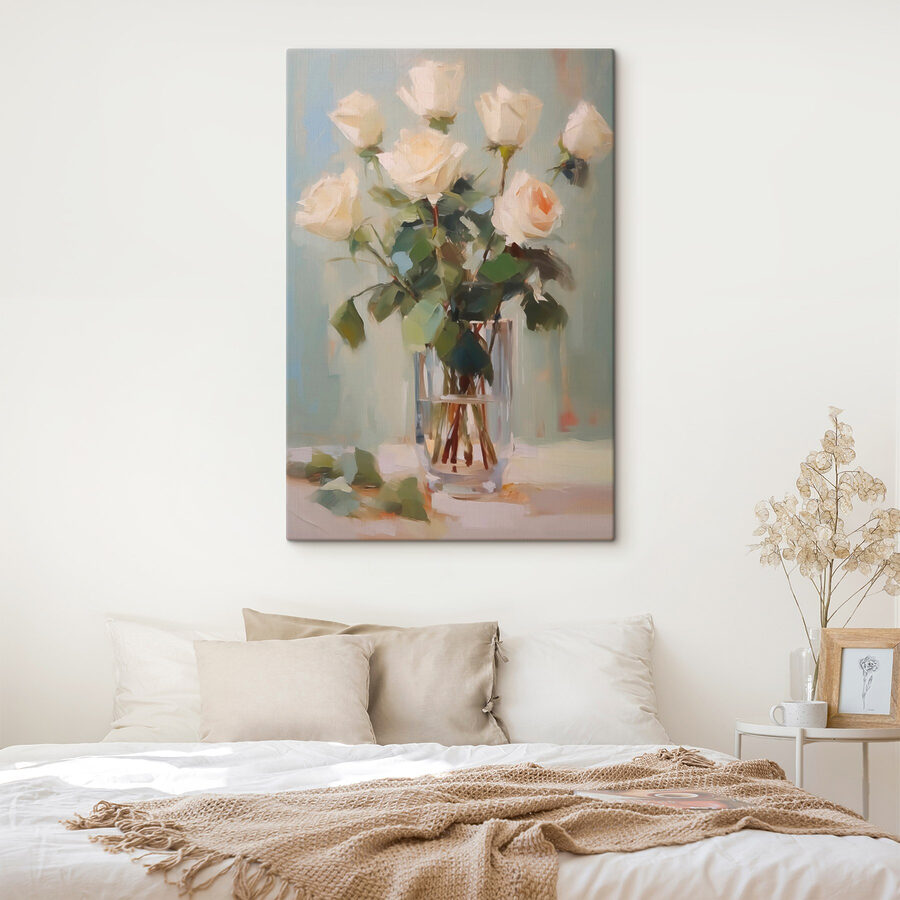 Peinture d'un vase de roses blanches