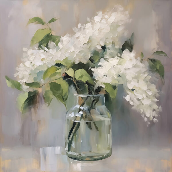 Peinture d'un bouquet de fleurs blanches dans un bocal en verre Peinture d'un bouquet de fleurs blanches dans un bocal en verre