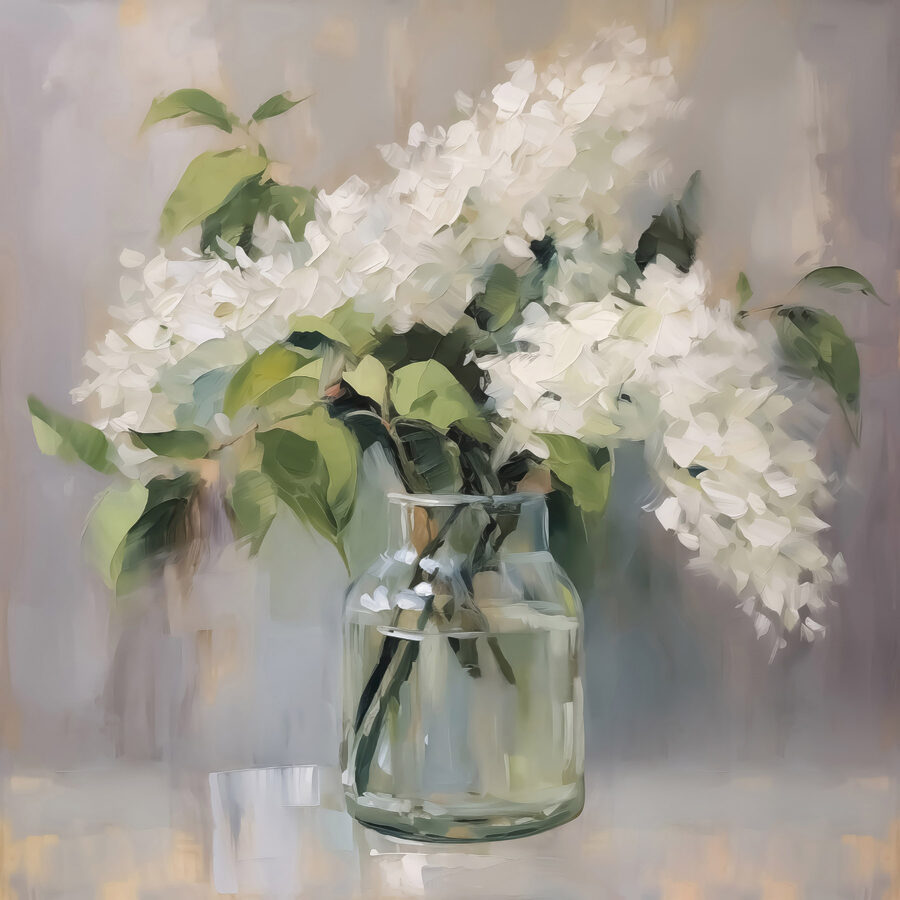 Peinture d'un bouquet de fleurs blanches dans un bocal en verre Peinture d'un bouquet de fleurs blanches dans un bocal en verre