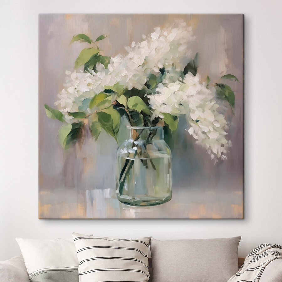 Peinture d'un bouquet de fleurs blanches dans un bocal en verre Peinture d'un bouquet de fleurs blanches dans un bocal en verre