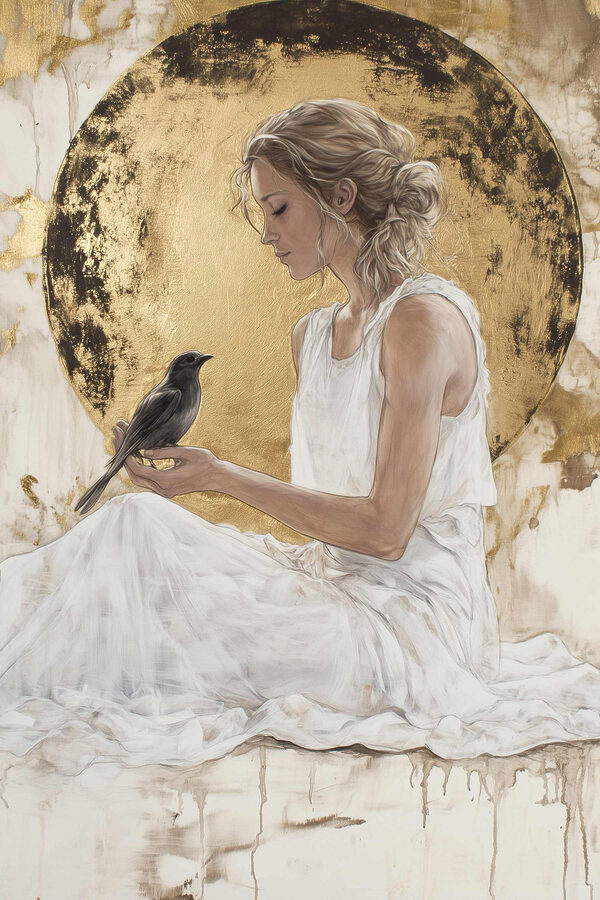 Femme en robe blanche tenant un oiseau Femme en robe blanche tenant un oiseau