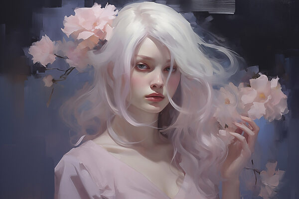 Femme aux longs cheveux blancs et aux fleurs roses Femme aux longs cheveux blancs et aux fleurs roses