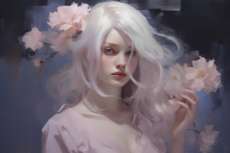 Femme aux longs cheveux blancs et aux fleurs roses