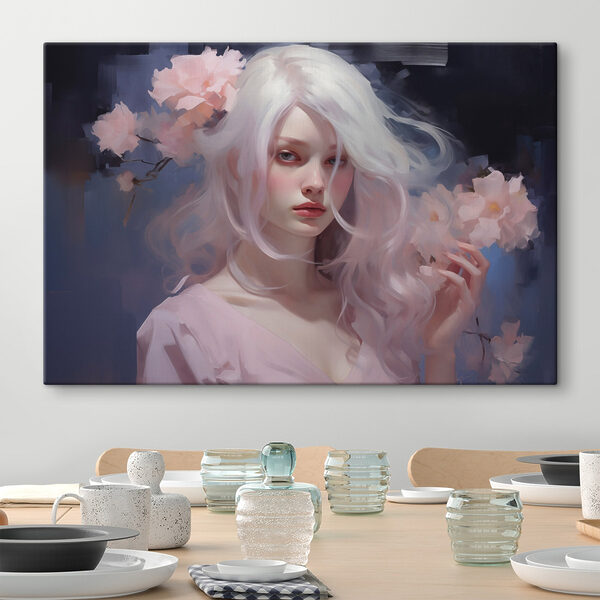 Femme aux longs cheveux blancs et aux fleurs roses Femme aux longs cheveux blancs et aux fleurs roses