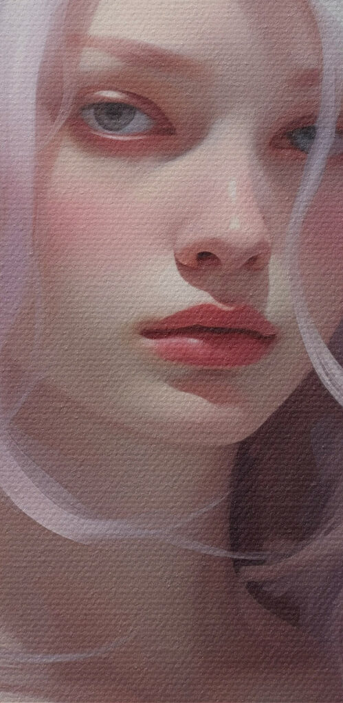 Woman with long white hair and pink flowers