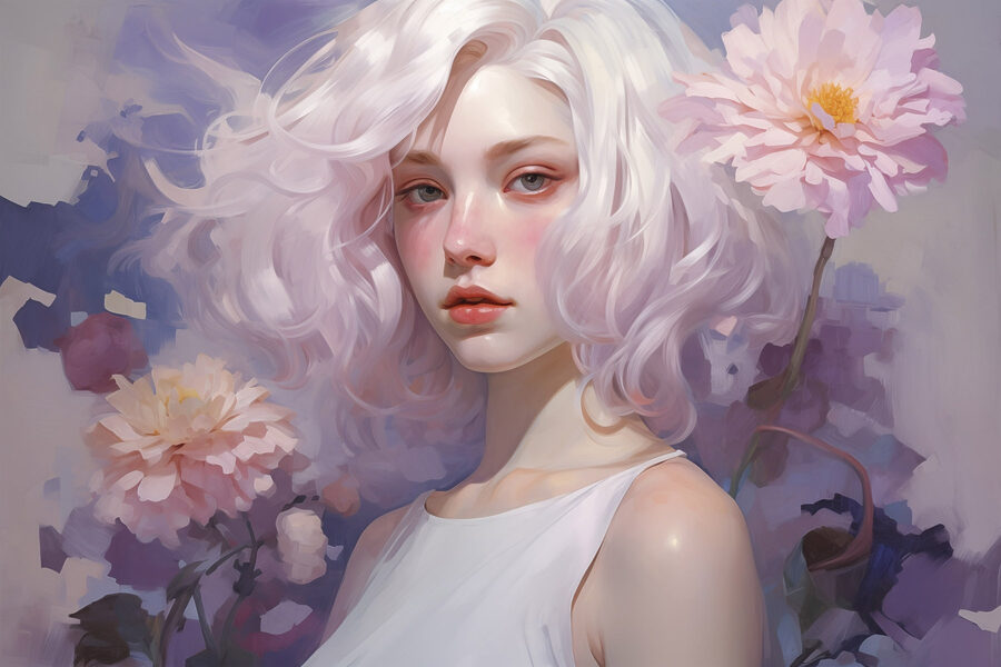 Femme aux cheveux et aux fleurs roses
