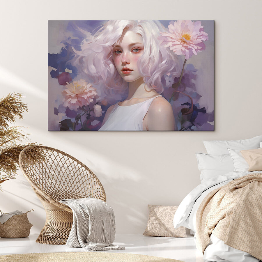 Femme aux cheveux et aux fleurs roses