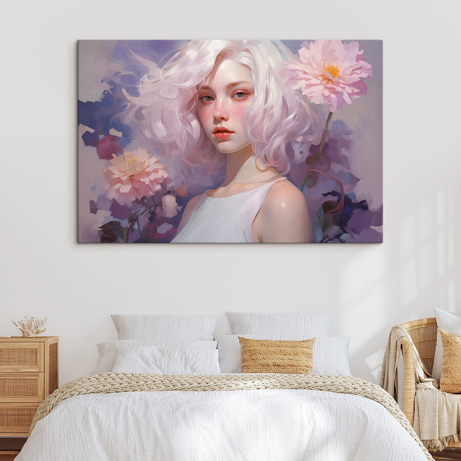 Femme aux cheveux et aux fleurs roses