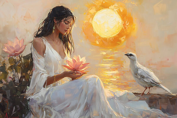 Peinture d'une femme tenant une fleur et un oiseau Peinture d'une femme tenant une fleur et un oiseau