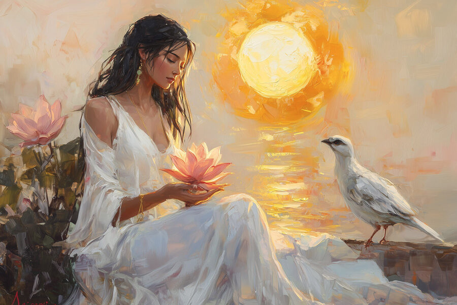 Peinture d'une femme tenant une fleur et un oiseau