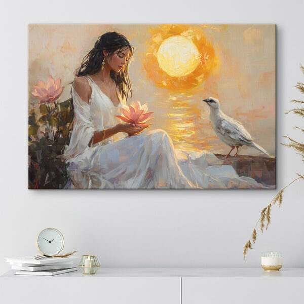 Peinture d'une femme tenant une fleur et un oiseau Peinture d'une femme tenant une fleur et un oiseau