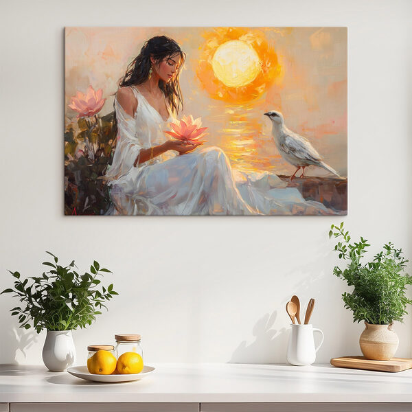 Peinture d'une femme tenant une fleur et un oiseau Peinture d'une femme tenant une fleur et un oiseau