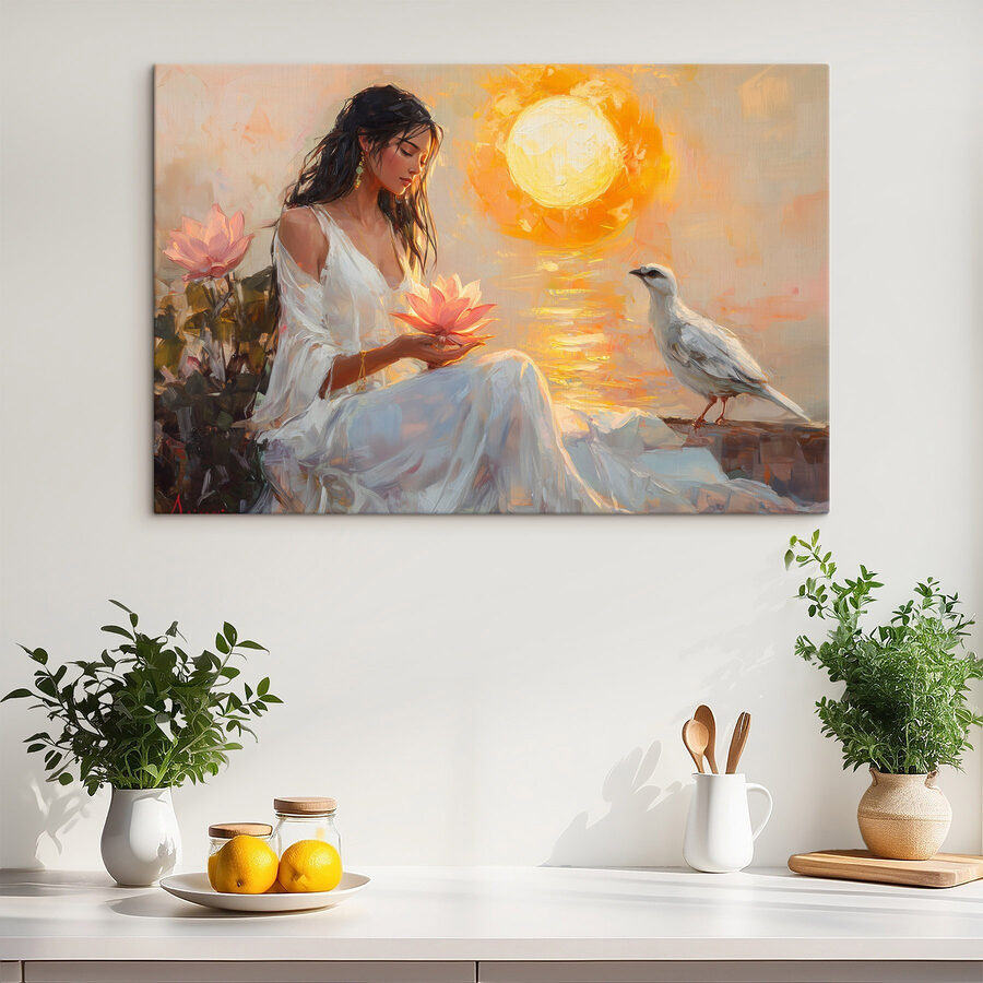 Peinture d'une femme tenant une fleur et un oiseau