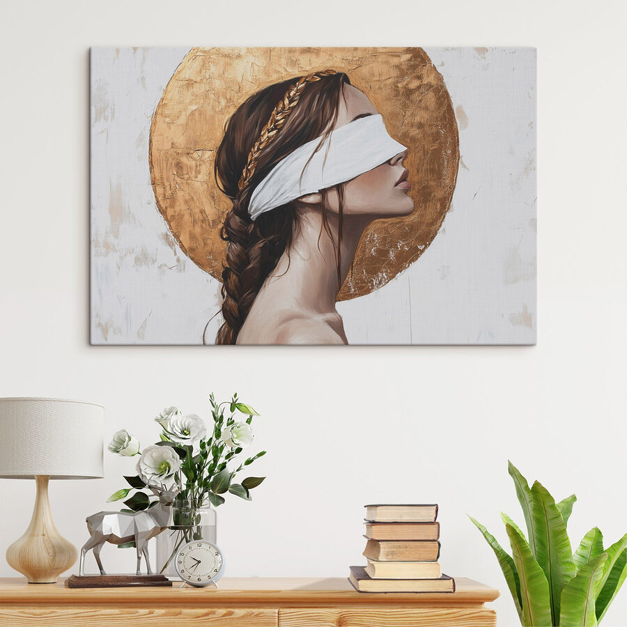 Peinture d'une femme avec un bandeau sur les yeux