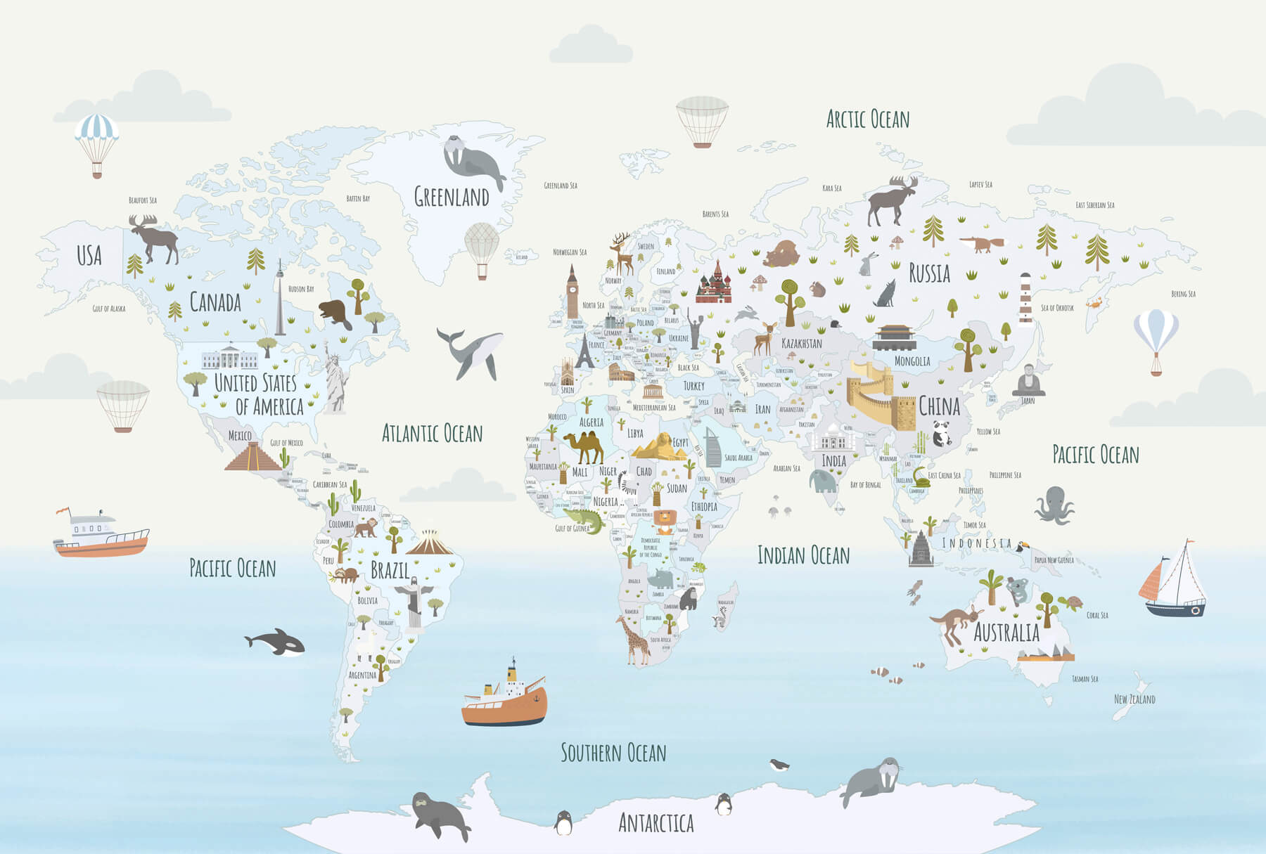 Map of the world with different animals