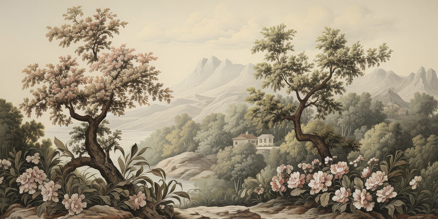 Paysage avec arbres et fleurs