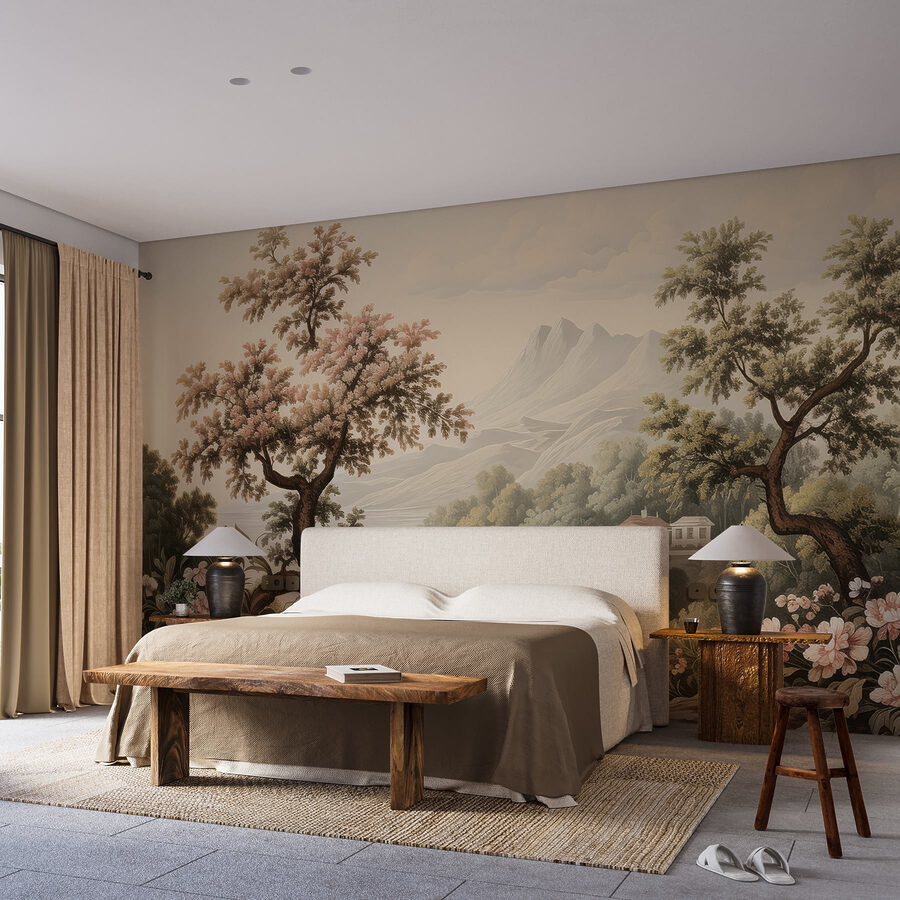 Paysage avec arbres et fleurs
