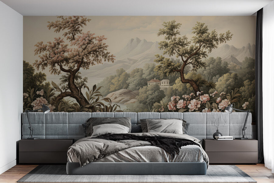 Paysage avec arbres et fleurs