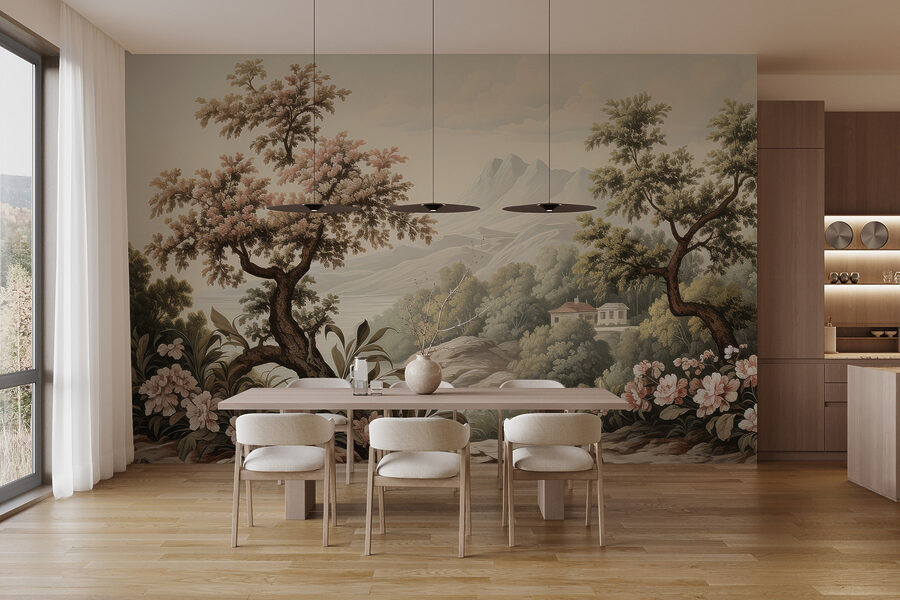 Paysage avec arbres et fleurs