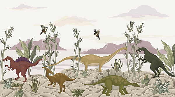 Groupe de dinosaures dans un désert Groupe de dinosaures dans un désert