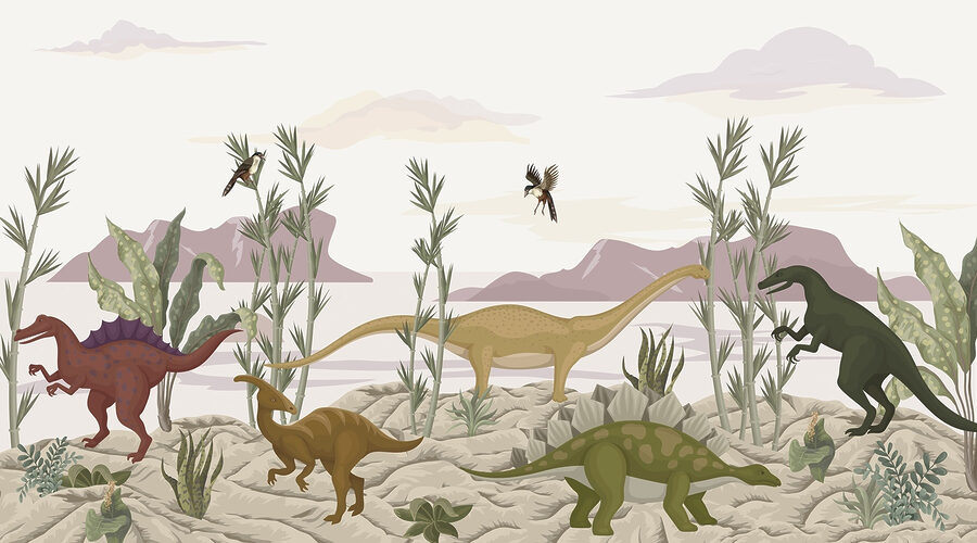 Groupe de dinosaures dans un désert Groupe de dinosaures dans un désert