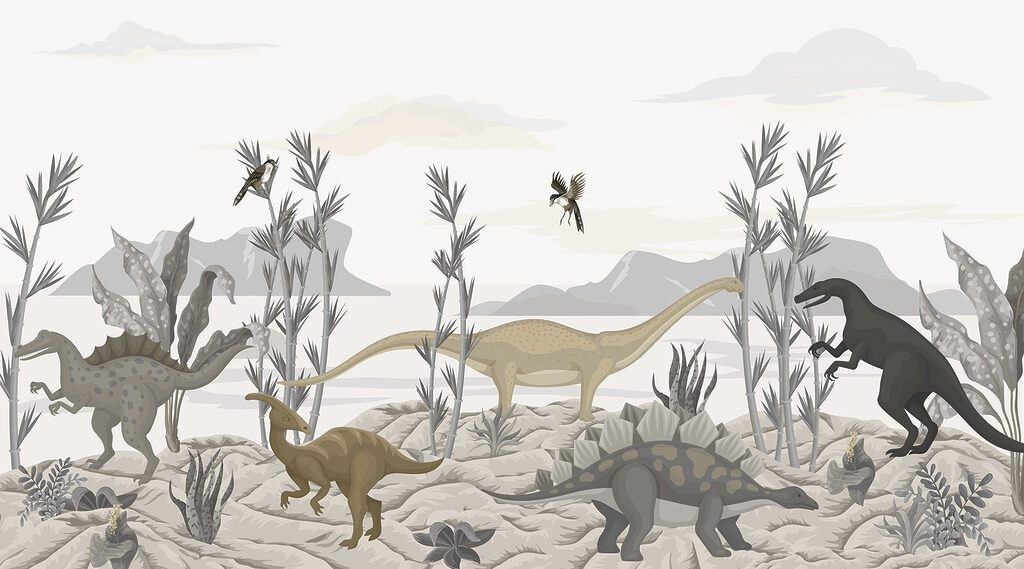 Groupe de dinosaures dans un désert Groupe de dinosaures dans un désert