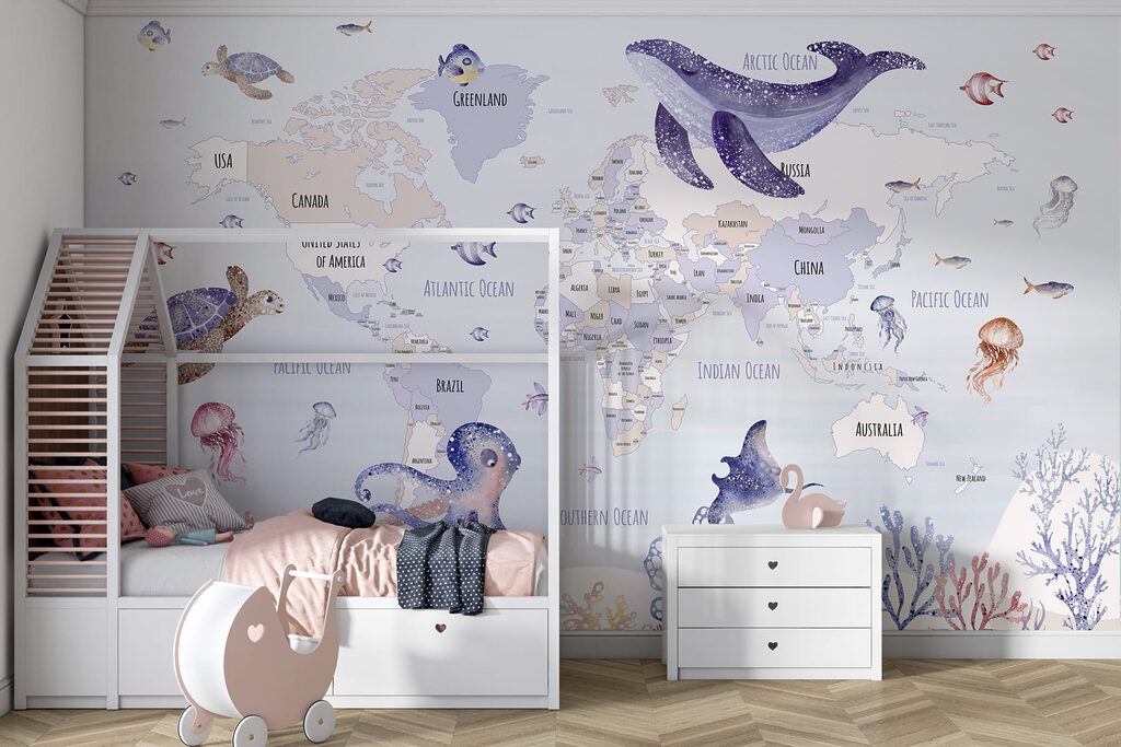 Map of the world with sea animals