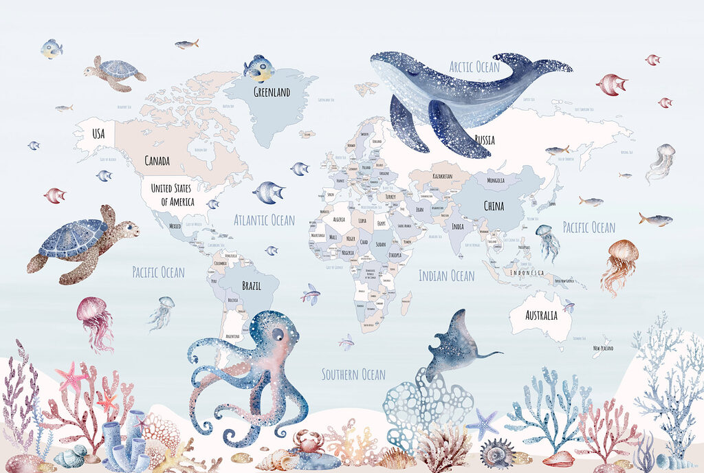 Carte du monde avec animaux marins Carte du monde avec animaux marins