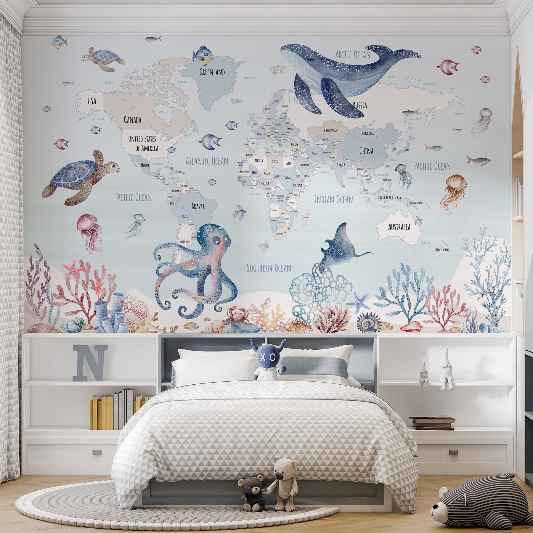 Map of the world with sea animals Map of the world with sea animals