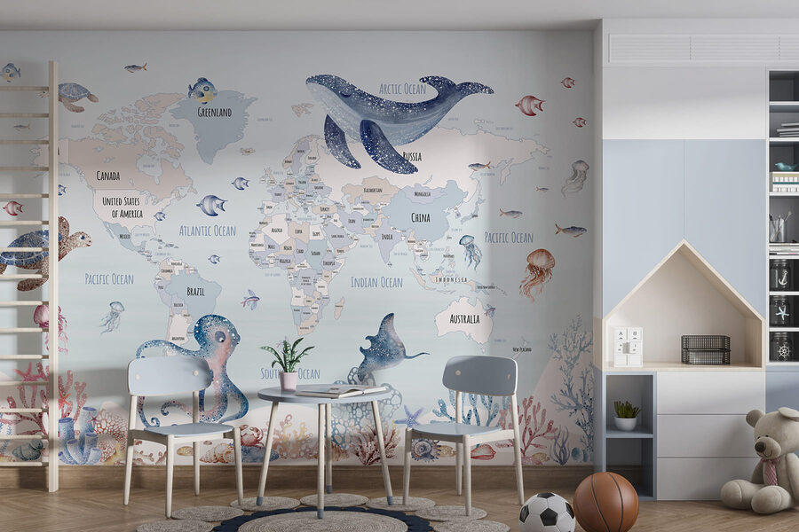 Carte du monde avec animaux marins Carte du monde avec animaux marins